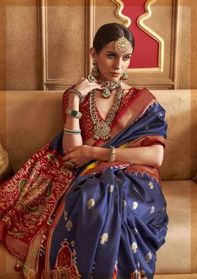 Soft Silk Printed Patola Saree (Navy Blue) 2