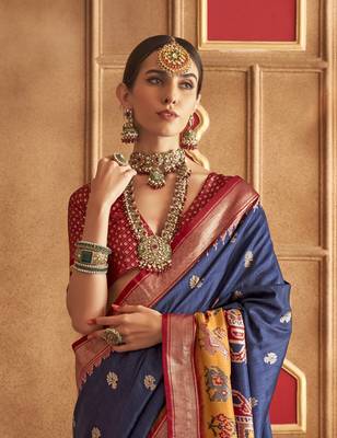Soft Silk Printed Patola Saree (Navy Blue) 3