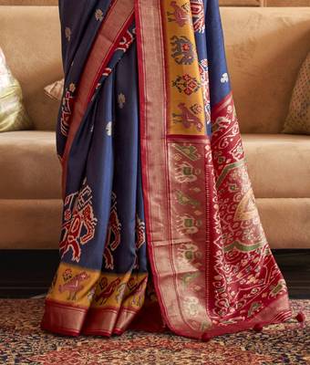 Soft Silk Printed Patola Saree (Navy Blue) 4