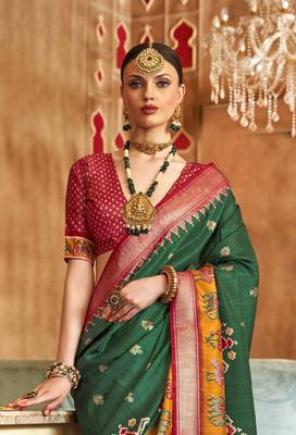 Elora Soft Silk Printed Patola Saree For Women (Green) 3