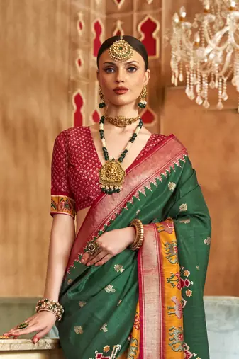 Elora Soft Silk Printed Patola Saree For Women (Green)