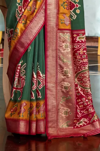 Elora Soft Silk Printed Patola Saree For Women (Green)