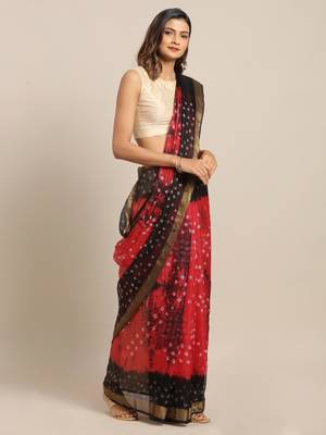 Hand Dyed Red & Black Bandhani Kota Silk Sustainable Saree 1