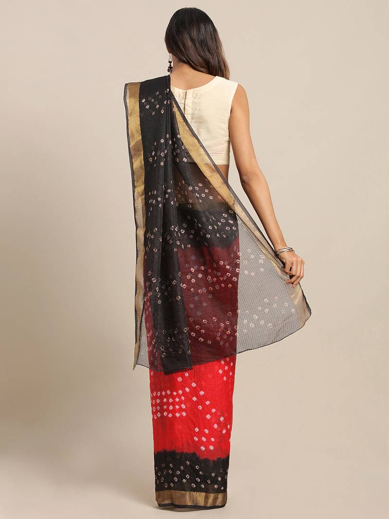 Hand Dyed Red & Black Bandhani Kota Silk Sustainable Saree