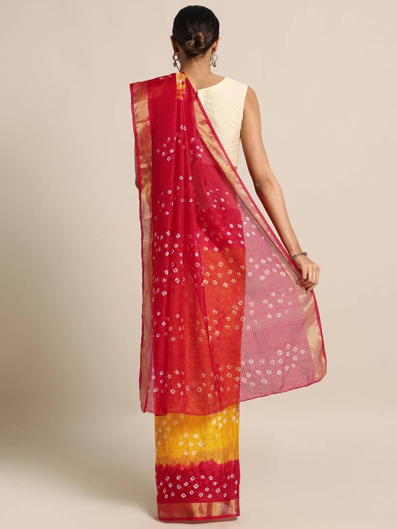 Hand Dyed Red & Yellow Bandhani Kota Silk Sustainable Saree