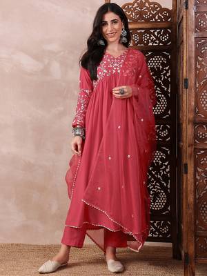 women red cotton blend solid embroidered a-line kurta trouser with dupatta 1