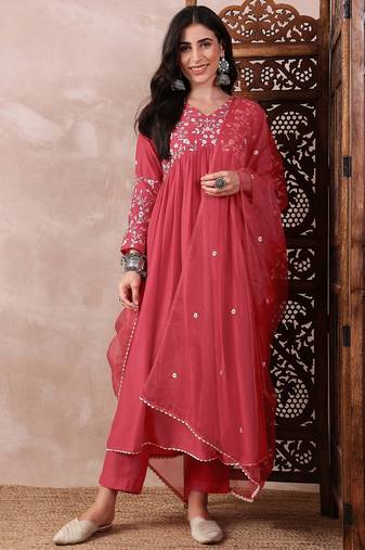 women red cotton blend solid embroidered a-line kurta trouser with dupatta