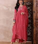 women red cotton blend solid embroidered a-line kurta trouser with dupatta