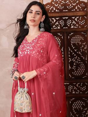 women red cotton blend solid embroidered a-line kurta trouser with dupatta 2