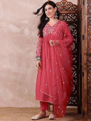 women red cotton blend solid embroidered a-line kurta trouser with dupatta 3