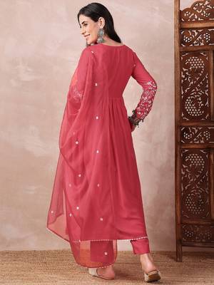 women red cotton blend solid embroidered a-line kurta trouser with dupatta 4