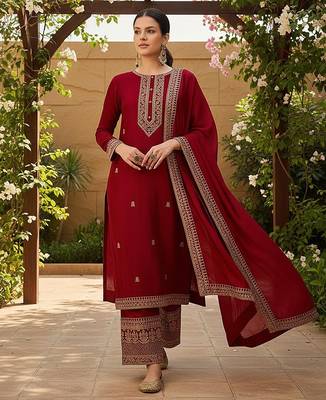 women red silk blend solid embroidered straight kurta palazzo with dupatta 1