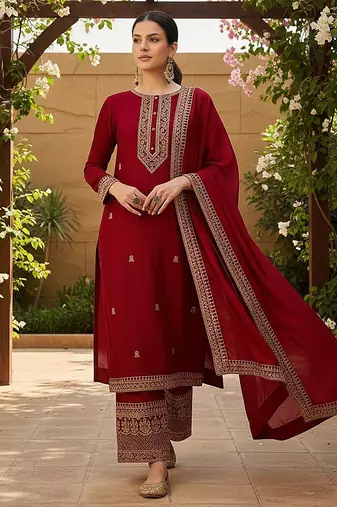 women red silk blend solid embroidered straight kurta palazzo with dupatta