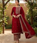 women red silk blend solid embroidered straight kurta palazzo with dupatta