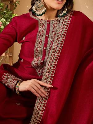 women red silk blend solid embroidered straight kurta palazzo with dupatta 2