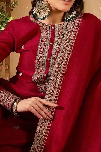 women red silk blend solid embroidered straight kurta palazzo with dupatta
