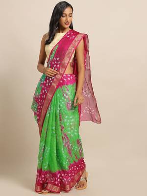 Hand Dyed Green & Pink Bandhani Kota Silk Sustainable Saree 1