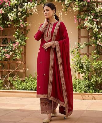 women red silk blend solid embroidered straight kurta palazzo with dupatta 3