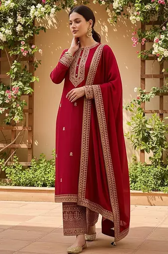 women red silk blend solid embroidered straight kurta palazzo with dupatta