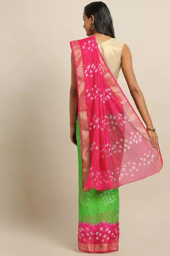 Hand Dyed Green & Pink Bandhani Kota Silk Sustainable Saree