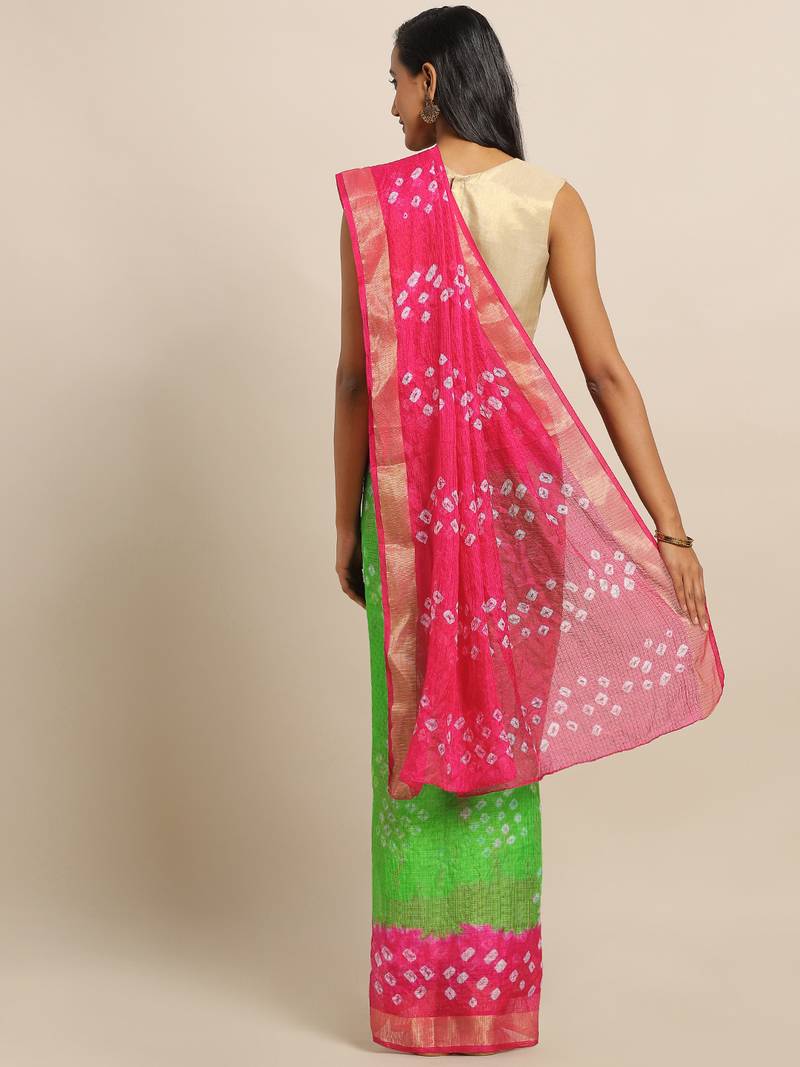 Hand Dyed Green & Pink Bandhani Kota Silk Sustainable Saree