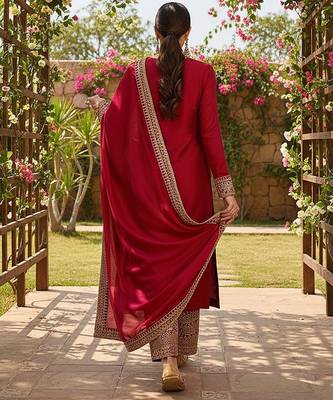 women red silk blend solid embroidered straight kurta palazzo with dupatta 4