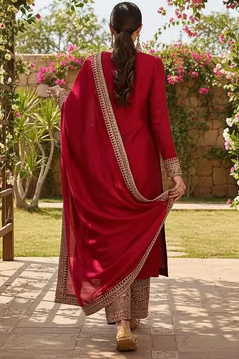 women red silk blend solid embroidered straight kurta palazzo with dupatta