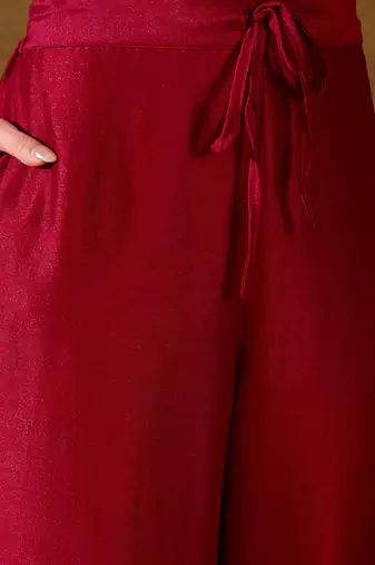 women red silk blend solid embroidered straight kurta palazzo with dupatta