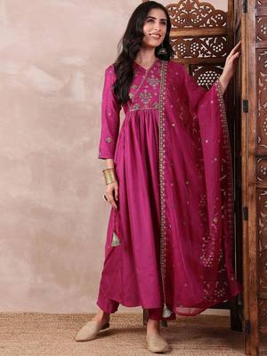 women pink silk blend solid embroidered a-line kurta trouser with dupatta 1