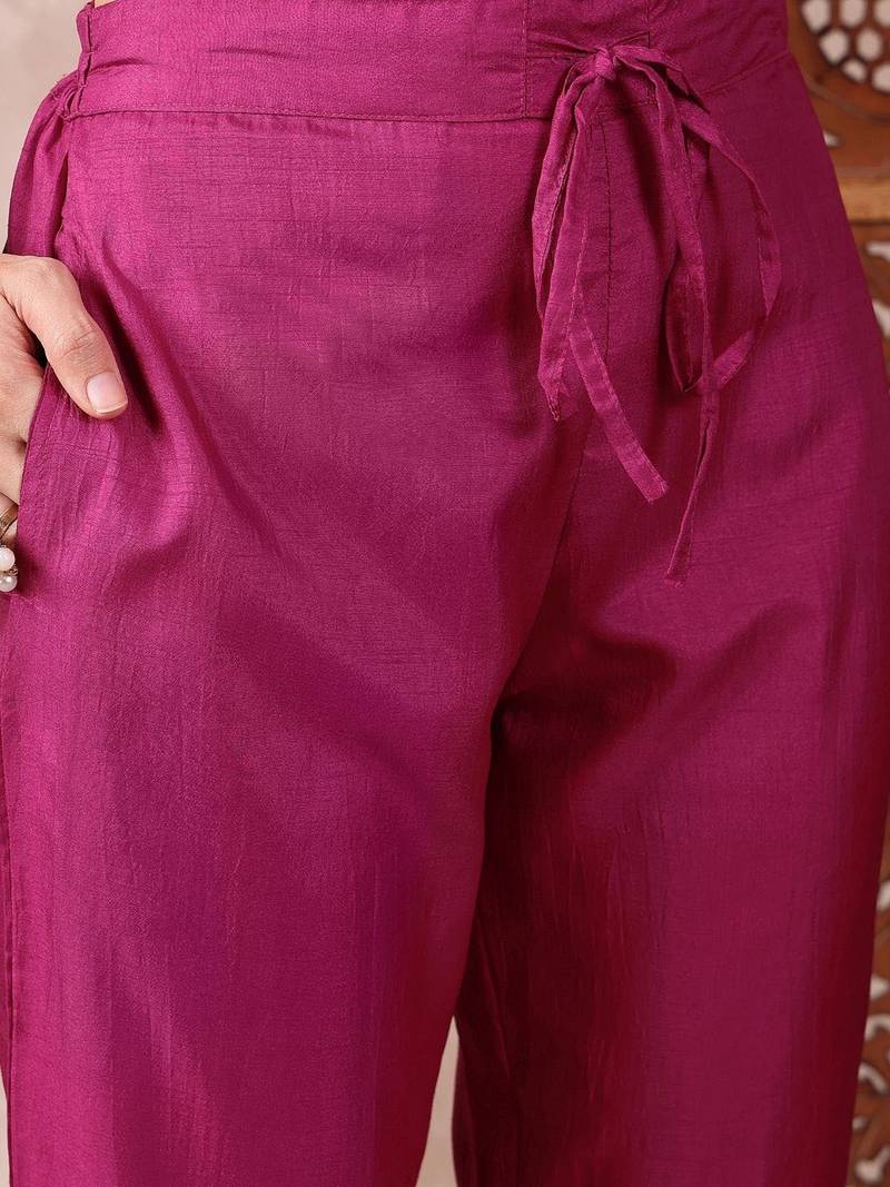 women pink silk blend solid embroidered a-line kurta trouser with dupatta