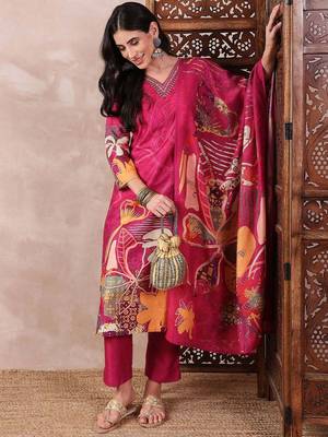 women pink silk blend floral printed straight kurta trouser with dupatta 1