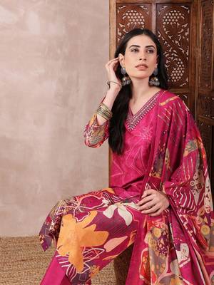 women pink silk blend floral printed straight kurta trouser with dupatta 2