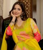 Ahika women yellow rayon blend floral printed straight kurta trousers with dupatta