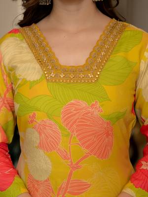 Ahika women yellow rayon blend floral printed straight kurta trousers with dupatta 2