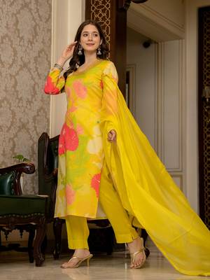 Ahika women yellow rayon blend floral printed straight kurta trousers with dupatta 3