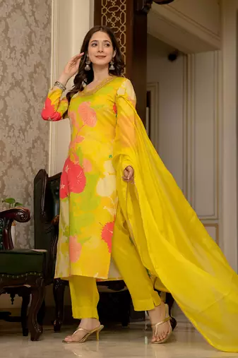 Ahika women yellow rayon blend floral printed straight kurta trousers with dupatta