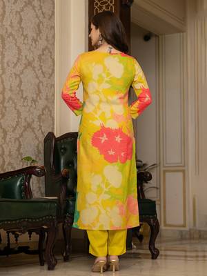 Ahika women yellow rayon blend floral printed straight kurta trousers with dupatta 4