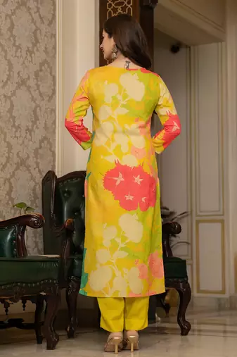 Ahika women yellow rayon blend floral printed straight kurta trousers with dupatta
