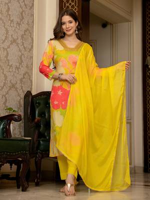 Ahika women yellow rayon blend floral printed straight kurta trousers with dupatta 5