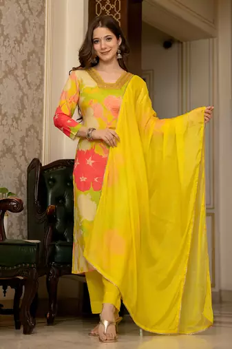 Ahika women yellow rayon blend floral printed straight kurta trousers with dupatta