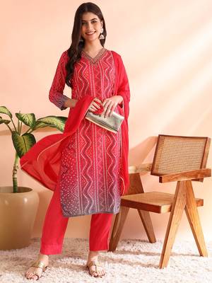 women red rayon blend bandhani printed straight kurta trousers with dupatta 1