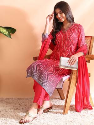 women red rayon blend bandhani printed straight kurta trousers with dupatta 2