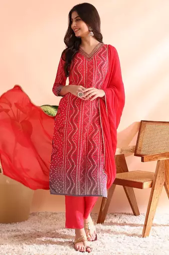 women red rayon blend bandhani printed straight kurta trousers with dupatta