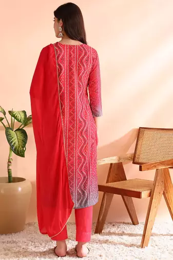 women red rayon blend bandhani printed straight kurta trousers with dupatta