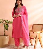 women pink silk blend solid embroidered straight kurta trousers with dupatta