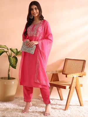 women pink silk blend solid embroidered straight kurta trousers with dupatta 3
