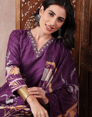 women purple rayon blend floral printed straight kurta trouser with dupatta 1