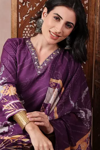 women purple rayon blend floral printed straight kurta trouser with dupatta