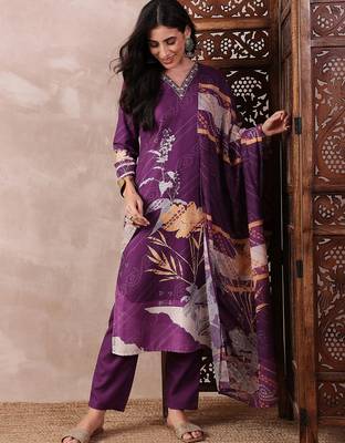 women purple rayon blend floral printed straight kurta trouser with dupatta 2
