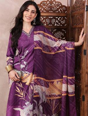 women purple rayon blend floral printed straight kurta trouser with dupatta 3